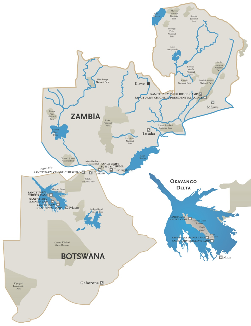 Botswana og Zambia oversigtskort over de forskellige safari lodges, samt en forstørrelse af Okavango Deltaet