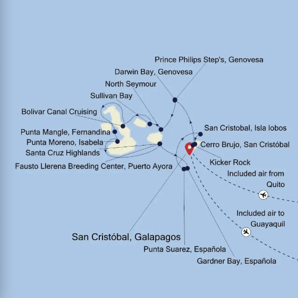 Sejlrutekort Nordlige og Centrale del af Galapagos Øerne med Silversea Expeditions